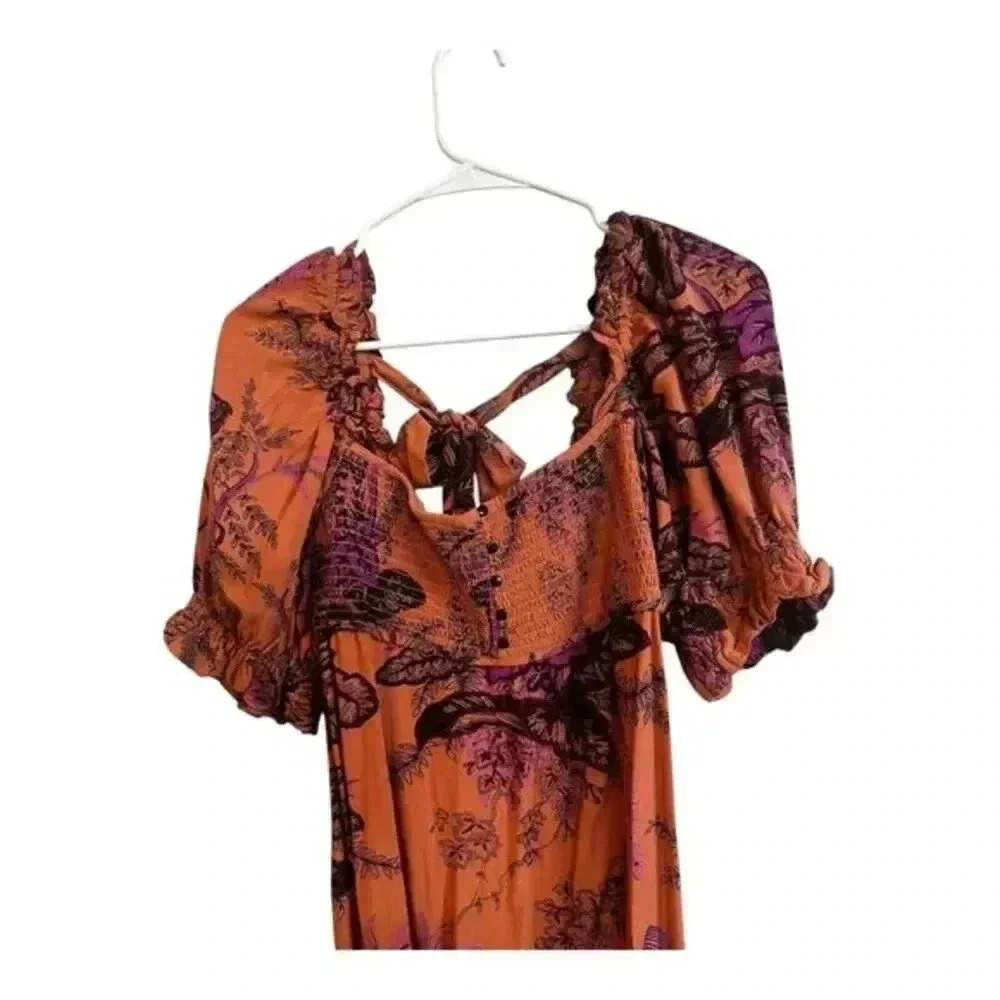 Cottagecore Prairie Floral Midi Dress Smocked Bodice Open Back Anthropologie XS - Picture 8 of 16